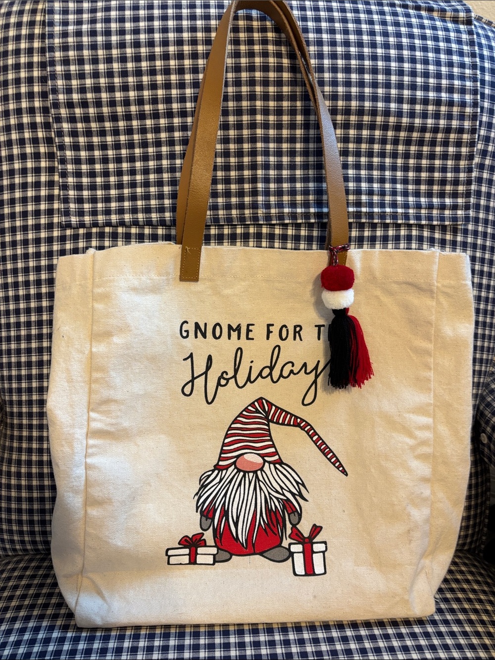Gnome Holiday Tote with Brown Handles